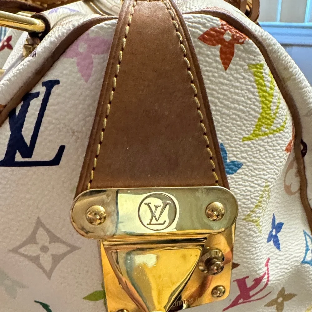 Louis Vuitton White Multicolor Monogram Satchel with Tan Leather Trim